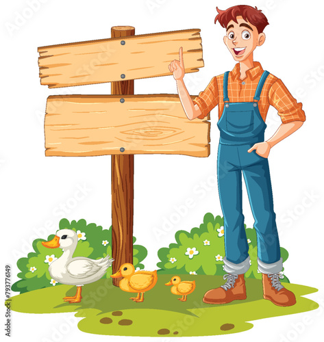 Cheerful farmer pointing at a blank wooden sign