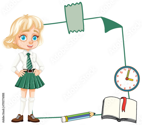 Cartoon schoolgirl with book, pencil, and clock