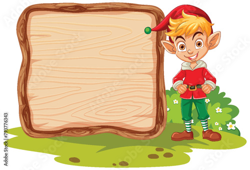 Smiling elf standing next to an empty signboard