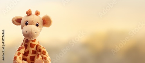 Stuffed giraffe sits on a table photo