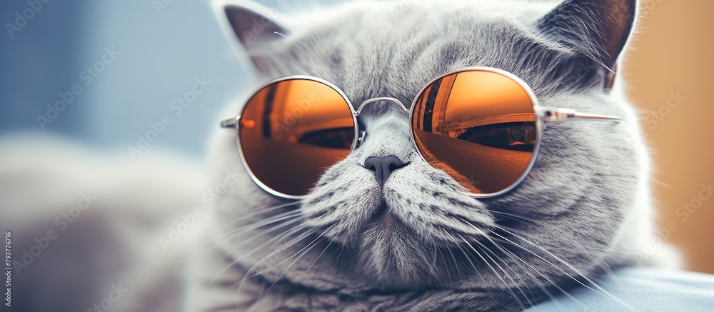 Cat in sunglasses resting on a bed