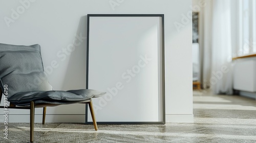 Mockup empty picture frame on floor in living room - Still life. Scandinavian interior design photo