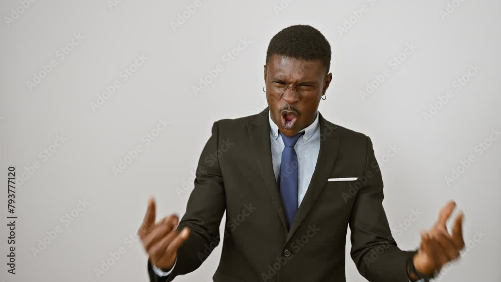 Handsome african american man in suit, rocking out with devil sign hand ...