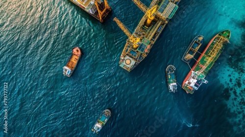 Aerial view of supply vessels surrounding an offshore drilling rig, facilitating logistics and support for extraction operations.
