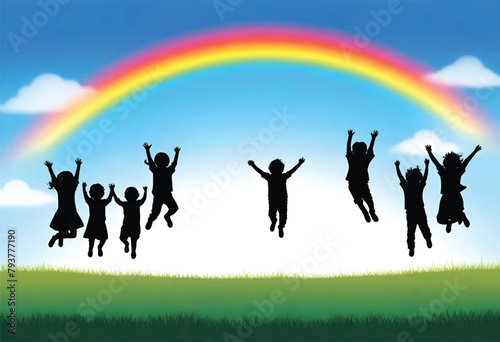 a vector illustration of children jumping in the sky with a rainbow in the background