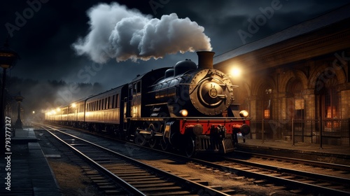 A majestic steam engine train chugs down the tracks in the darkness of night photo