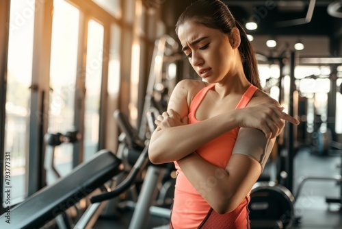 A distressed young female athlete experiences arm pain while working out in a gym environment. Young Woman Suffering Arm Pain at Gym