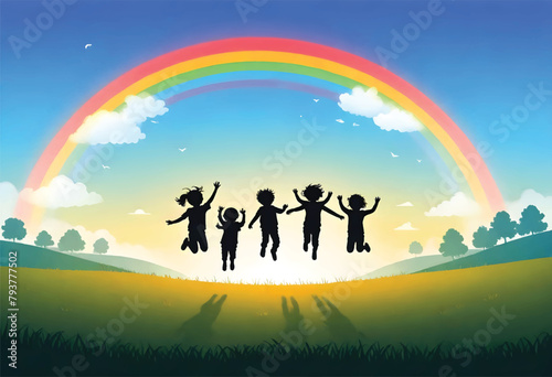 a vector illustration of children jumping and playing in the sky with the rainbow behind them