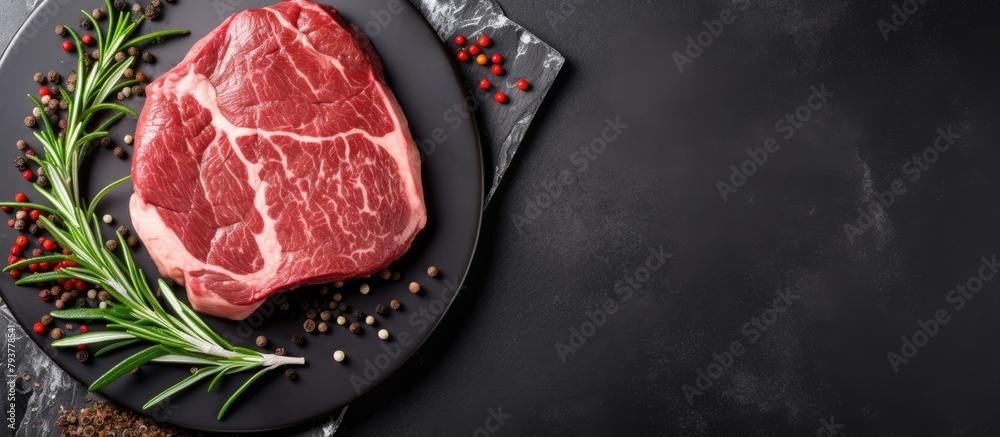 Juicy steak with herbs on dark plate
