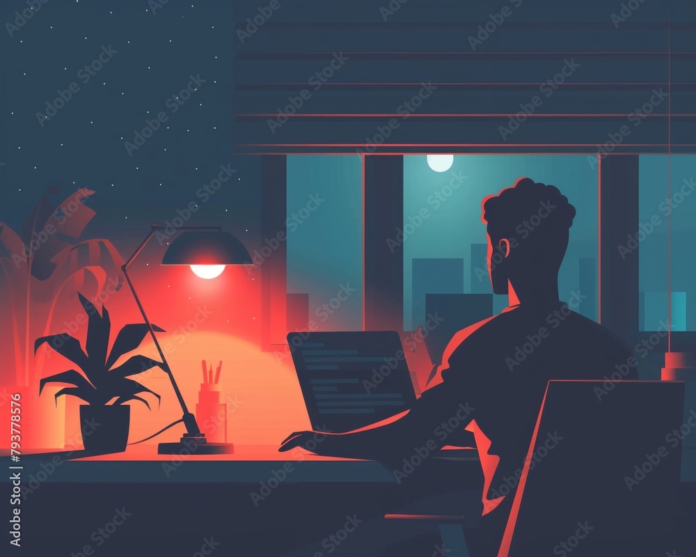 Nighttime scene of a dedicated remote worker using a laptop at a home desk soft lamp light emphasizing long working hours