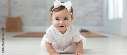 Baby girl white dress floor crawling bow photo