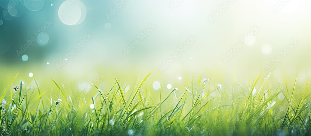 Obraz premium Grass field with dew drops close up