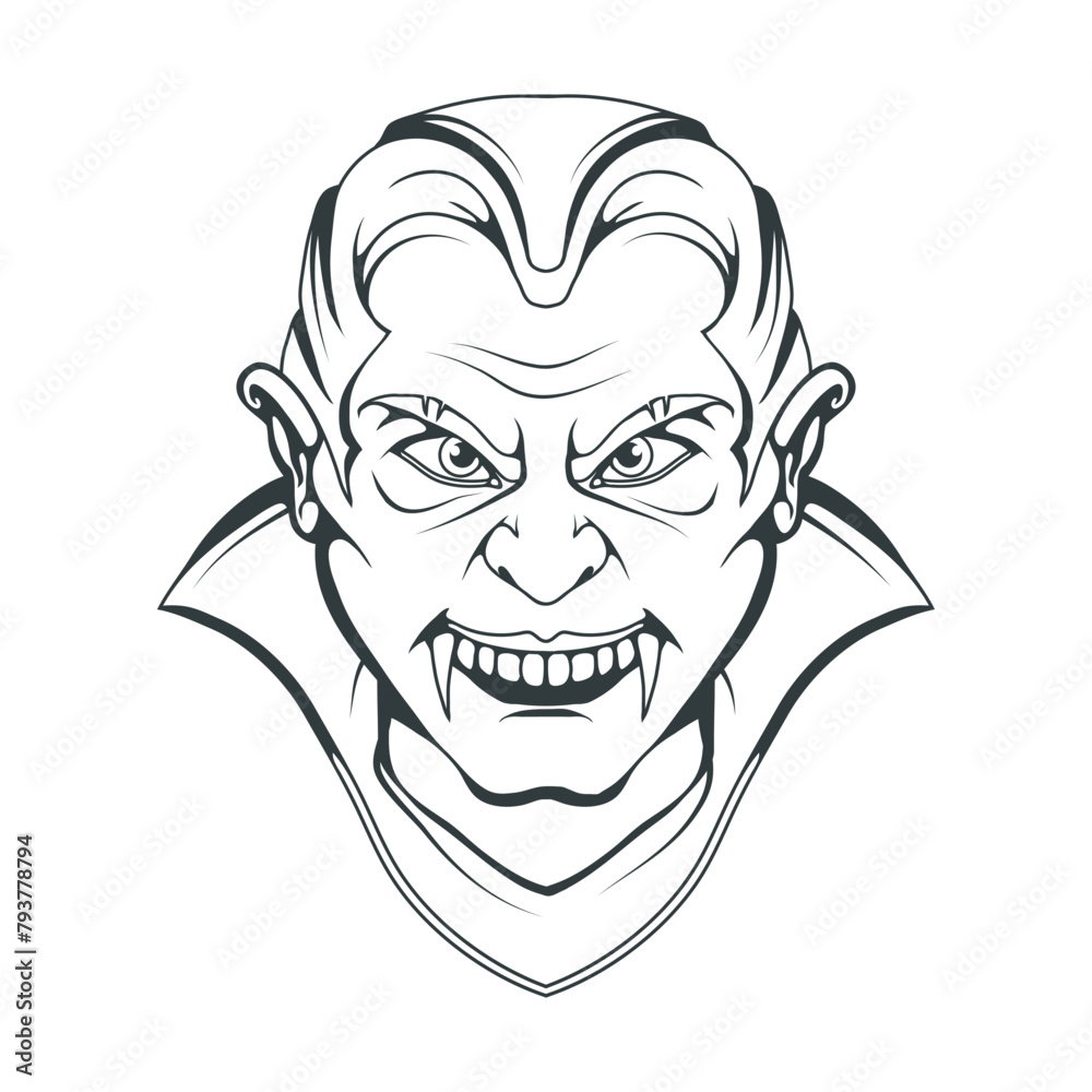 Evil vampire. Count Vlad Dracula. Happy Halloween. Hand drawn head of a character vampire with open mouth. Vampire concept. Vector artwork