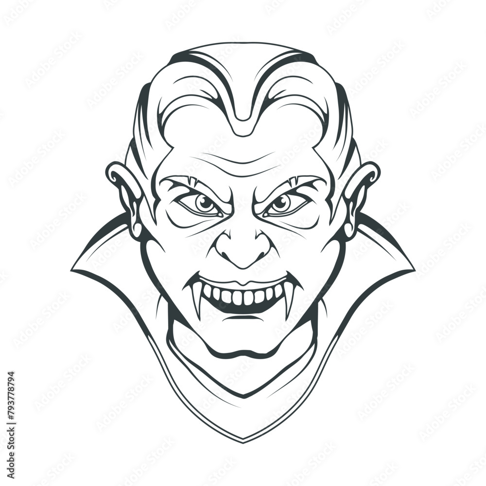 Evil vampire. Count Vlad Dracula. Happy Halloween. Hand drawn head of a character vampire with open mouth. Vampire concept. Vector artwork Evil vampire. Count Vlad Dracula. Happy Halloween. Hand drawn head of a character vampire with open mouth. Vampire concept. Vector artwork