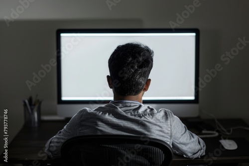 Digital mockup indian man in his 20s in front of a computer with an entirely grey screen