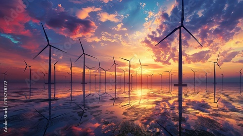 Sweeping landscape of a wind farm at sunset towering turbines silhouetted against a vibrant sky symbolizing the future of clean energy