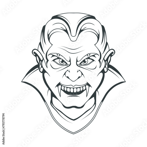 Evil vampire. Count Vlad Dracula. Happy Halloween. Hand drawn head of a character vampire with open mouth. Vampire concept. Vector artwork