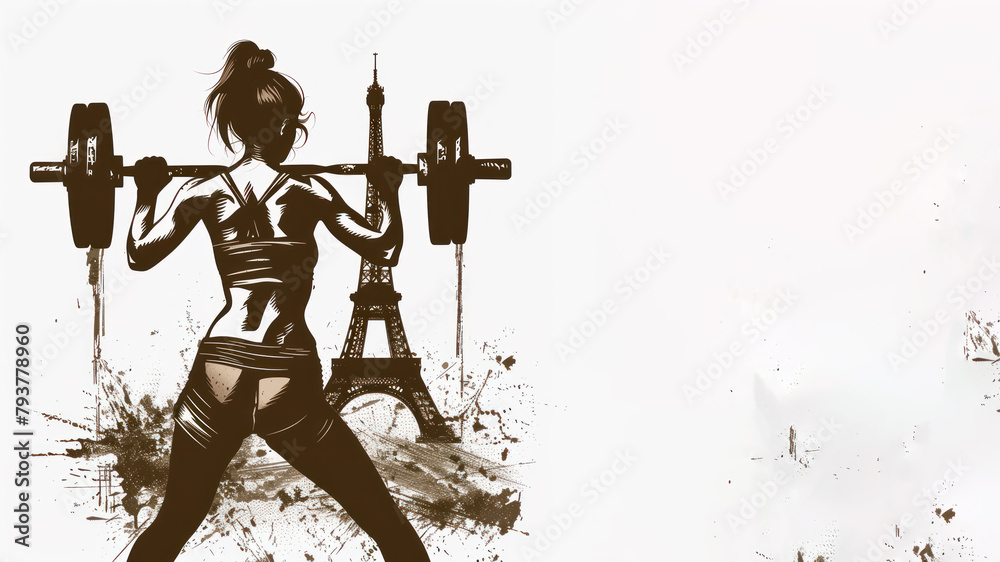 Brown illustration of weightlifter athlete at olympic by eiffel tower Brown illustration of weightlifter athlete at olympic by eiffel tower