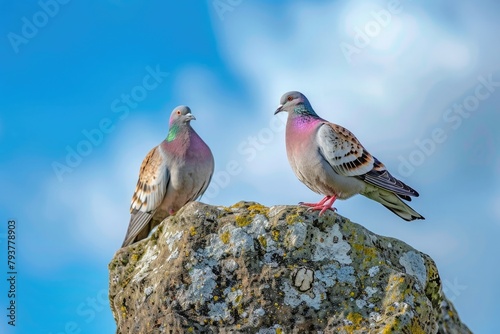 Pigeon, Dove of peace. World Habitat Day. Bird sits on dovecote trunk against blue sky. Bird Protection Day. May 29 is the international day of the United Nations of peacekeepers.