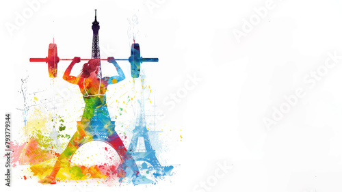 Colorful illustration of weightlifter athlete at olympic by eiffel tower