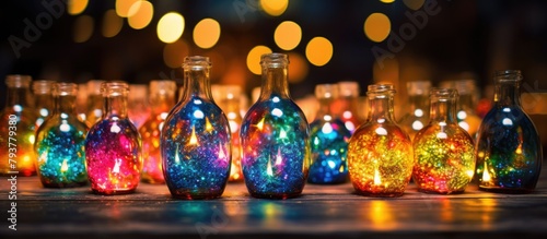 Colorful glowing bottles up close photo