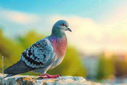 Pigeon, Dove of peace. World Habitat Day. Bird sits on dovecote trunk against blue sky. Bird Protection Day. May 29 is the international day of the United Nations of peacekeepers.