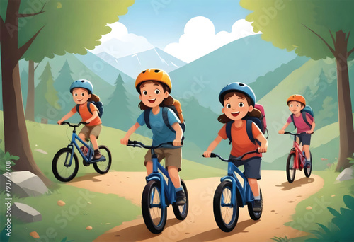 a vector illustration of children riding bikes with mountains in the background