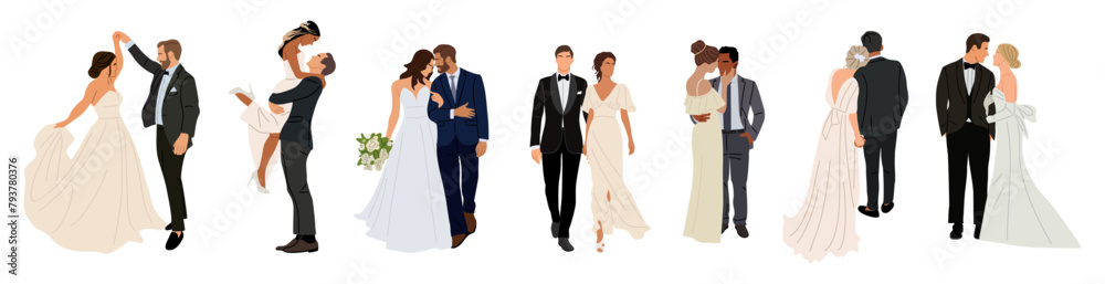 Set of different wedding couples. Bride and groom in formal clothes on wedding day, marriage ceremony. Just married love couple, newlyweds. Realistic vector illustrations on transparent background.