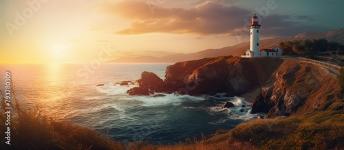 Lighthouse perched on cliff above sea during sundown