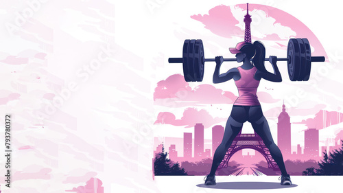 Pink illustration of weightlifter athlete at olympic by eiffel tower