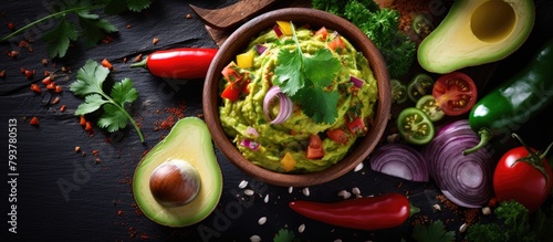 A bowl of smashed avocado with fresh veggies and herbs
