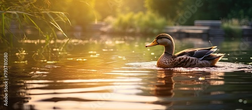 A duck swims in water photo
