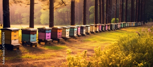 Beehives among forest foliage photo