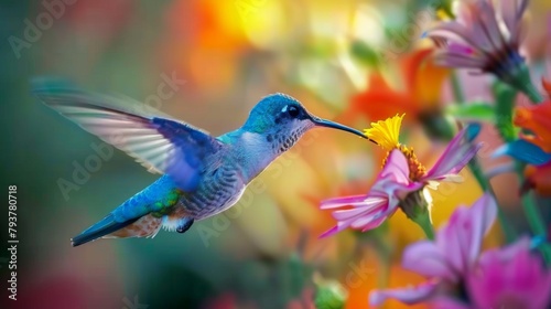 Close-up of a hummingbird delicately sipping nectar from a colorful flower blossom