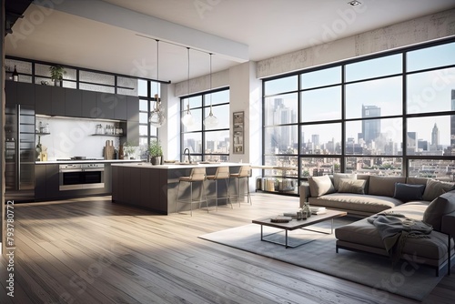 Luxury Condo Living: Bright Living Room with Large Window and City Skyline View, Adjoining Kitchen