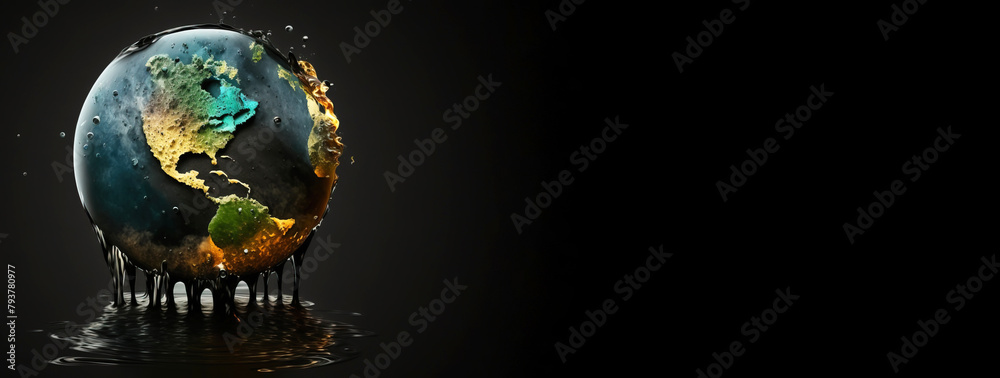 Concept of saving planet, miniature globe floats in oil, black background. AI generated.