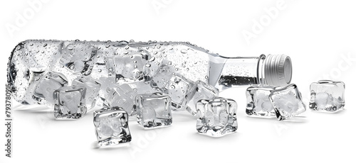 Water bottle with ice cubes on white background