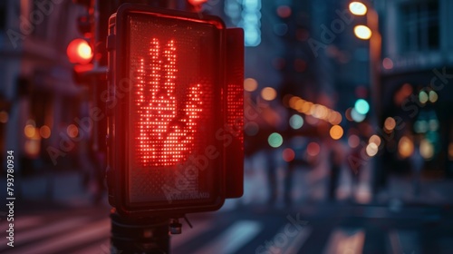 Close-up of a pedestrian crossing signal with a red hand, emphasizing safety and traffic regulations. photo