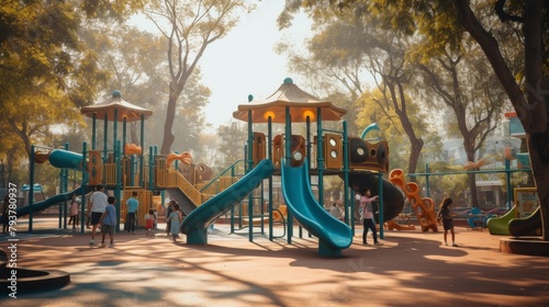 Colorful playground with slides, swings, and sandboxes in a lush green park setting, filled with kids playing and laughing