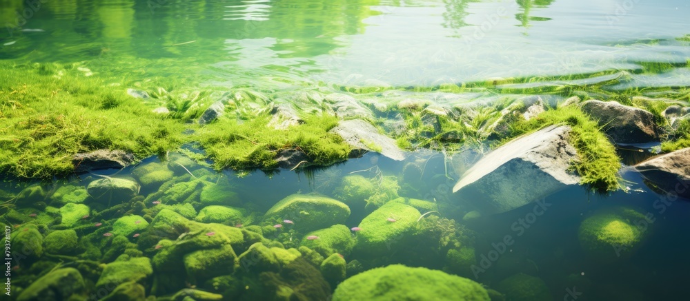Rocks and grass by calm water Rocks and grass by calm water