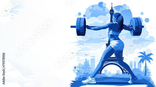 Blue illustration of weightlifter athlete at olympic by eiffel tower