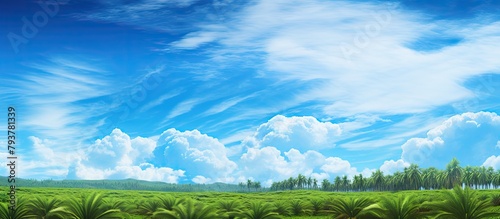 Scenic view of a tropical landscape with coconut trees under a clear sky