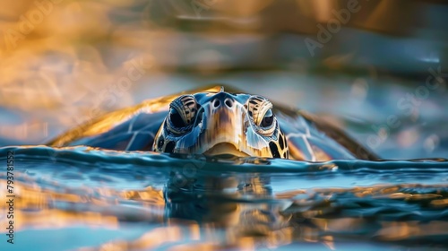 Close-up of a sea turtle's head poking above the surface of the water for a breath