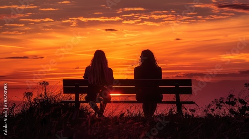 Silhouettes of two friends on a bench, enjoying a sunset together on International Friendship Day