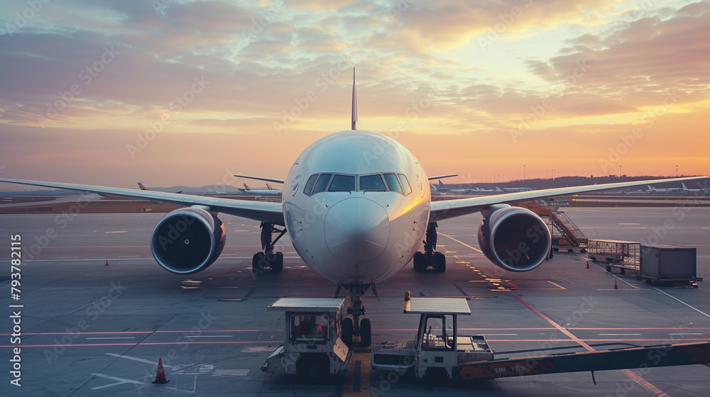 Naklejka premium Twilight Taxiing: Airplane Preparing for Flight