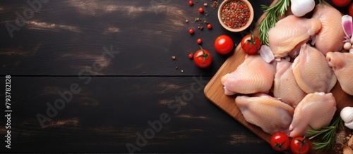 Raw chicken on cutting board with tomatoes and garlic photo