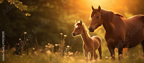 Two horses and foal in field photo