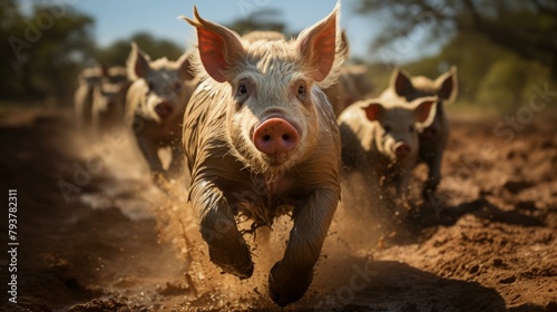 b'A group of muddy domestic pigs running' photo