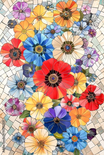 A modern floral mosaic  vibrant flowers fitted together