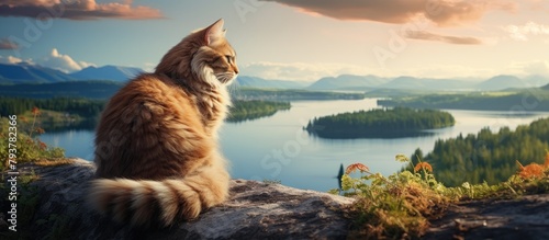 Cat perched on rock by lake photo